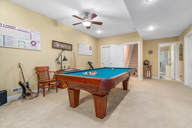 7520 Haflinger Cir, Kalamazoo, MI 49009 - game room featuring light colored carpet, a ceiling fan, billiards table, and recessed lighting