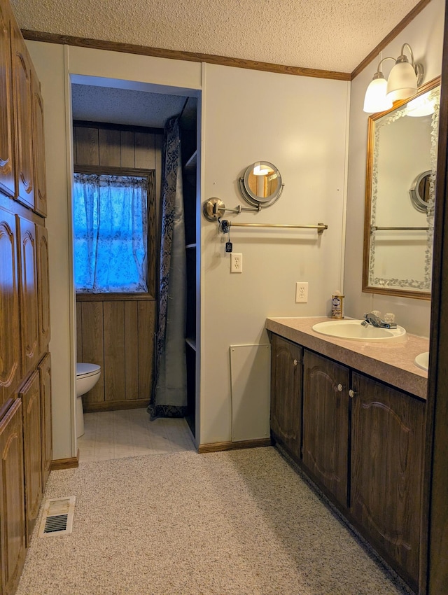 1310 Windridge Ln, Fremont, MI 49412 - full bath featuring vanity, a textured ceiling, crown molding, and carpet floors