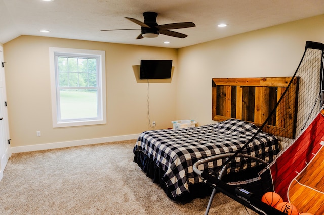 2634 Fitzgerald Ave, Fremont, MI 49412 - carpeted bedroom with recessed lighting, a ceiling fan, and vaulted ceiling