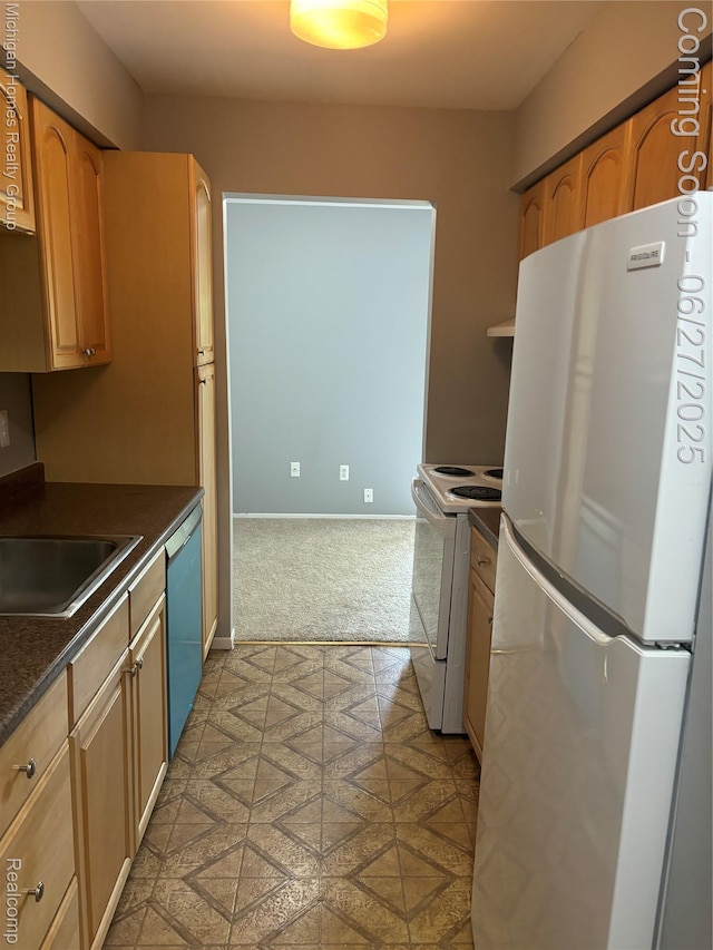 30028 W 12 Mile Rd, Farmington, MI 48334 - kitchen with white appliances, dark countertops, and light colored carpet