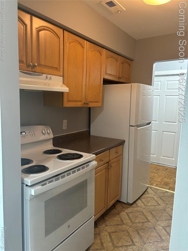 30028 W 12 Mile Rd, Farmington, MI 48334 - kitchen featuring white appliances, under cabinet range hood, dark countertops, light flooring, and brown cabinets