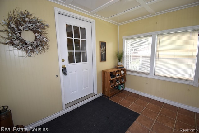 116 Park St, Gaines, MI 48436 - doorway featuring dark tile patterned flooring and coffered ceiling