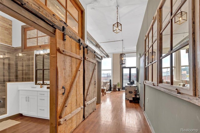 127 S Union St, Traverse City, MI 49684 - corridor featuring a barn door and wood finished floors
