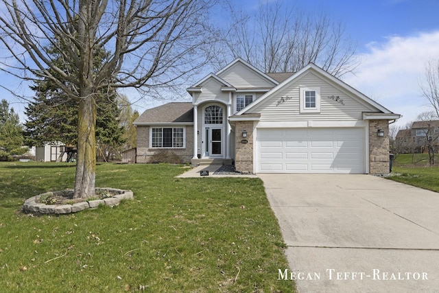 6641 Laguna Vista Dr NE, Rockford, MI 49341 - traditional home with brick siding, concrete driveway, a front lawn, and an attached garage