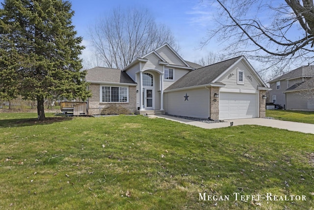 6641 Laguna Vista Dr NE, Rockford, MI 49341 - traditional home with driveway, brick siding, a front yard, a garage, and roof with shingles