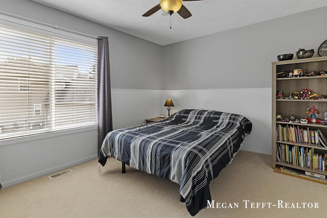 6641 Laguna Vista Dr NE, Rockford, MI 49341 - bedroom featuring carpet flooring, multiple windows, a wainscoted wall, and a ceiling fan