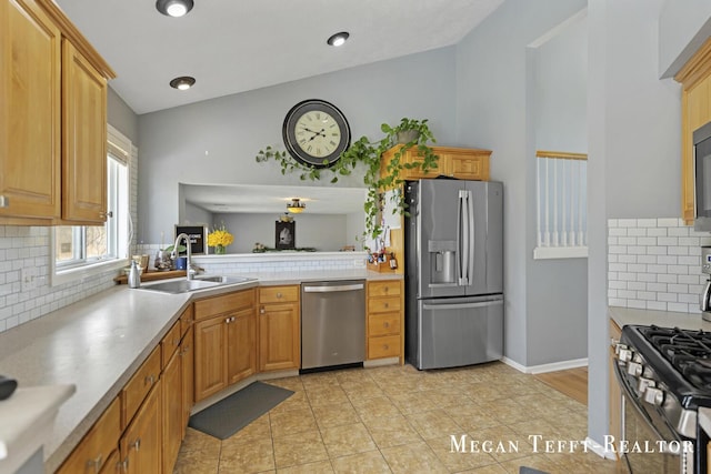 6641 Laguna Vista Dr NE, Rockford, MI 49341 - kitchen with stainless steel appliances, decorative backsplash, light countertops, and light tile patterned floors