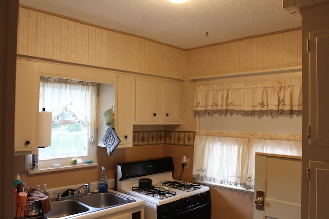 3316 Adams St, Kalamazoo, MI 49008 - kitchen featuring white gas stove, ornamental molding, a textured ceiling, white cabinetry, and light countertops