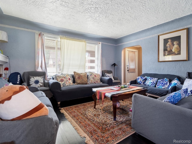 7420 Coolidge, Center Line, MI 48015 - living room with a textured ceiling, a textured wall, hardwood / wood-style flooring, and arched walkways