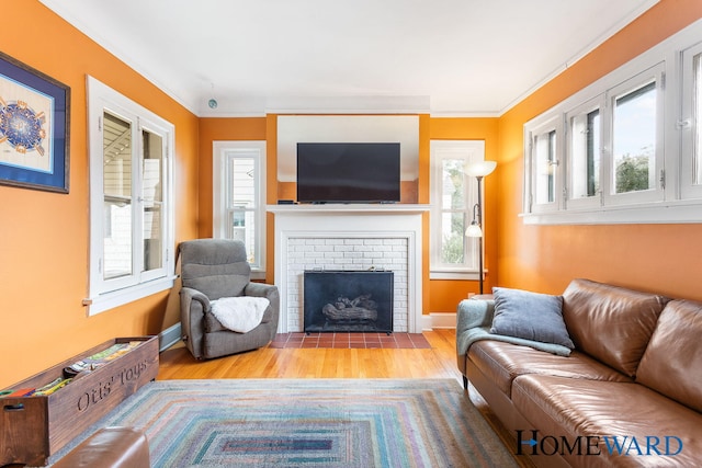660 Deming St SE, Grand Rapids, MI 49507 - living area featuring wood finished floors, healthy amount of natural light, a fireplace, and crown molding