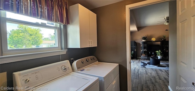 38478 Draper Ln, Westland, MI 48186 - laundry area featuring cabinet space, independent washer and dryer, dark wood-style floors, and ceiling fan