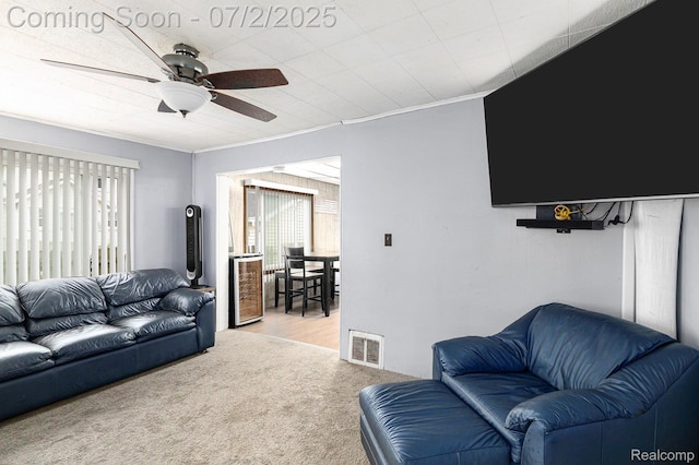 1323 Rhodes St, Jackson, MI 49202 - living area featuring plenty of natural light, ceiling fan, ornamental molding, carpet, and wine cooler