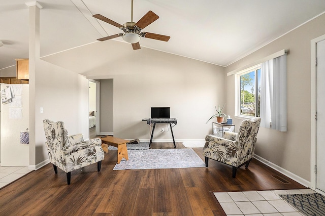 46317 Dequindre Rd, Rochester Hills, MI 48307 - living area featuring a ceiling fan, wood finished floors, and lofted ceiling