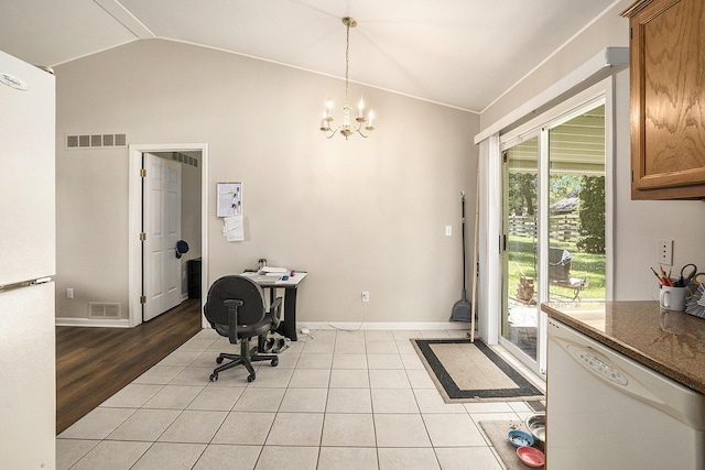 46317 Dequindre Rd, Rochester Hills, MI 48307 - unfurnished dining area with lofted ceiling, a desk, a chandelier, and light tile patterned floors