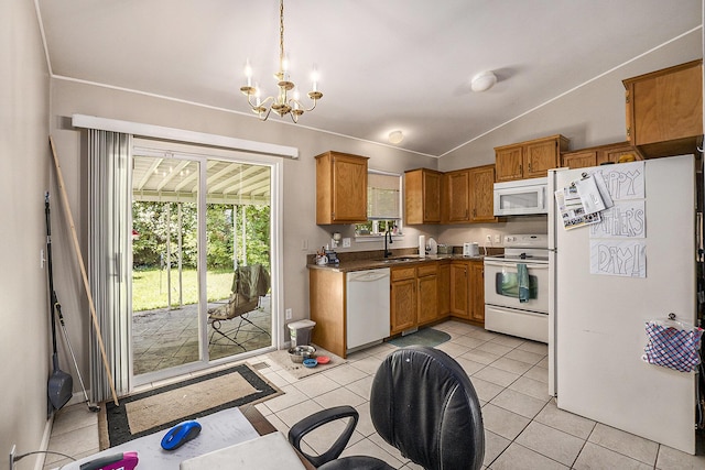46317 Dequindre Rd, Rochester Hills, MI 48307 - kitchen with white appliances, vaulted ceiling, brown cabinetry, a chandelier, and light tile patterned floors