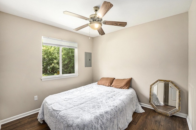 46317 Dequindre Rd, Rochester Hills, MI 48307 - bedroom featuring electric panel, wood finished floors, and a ceiling fan