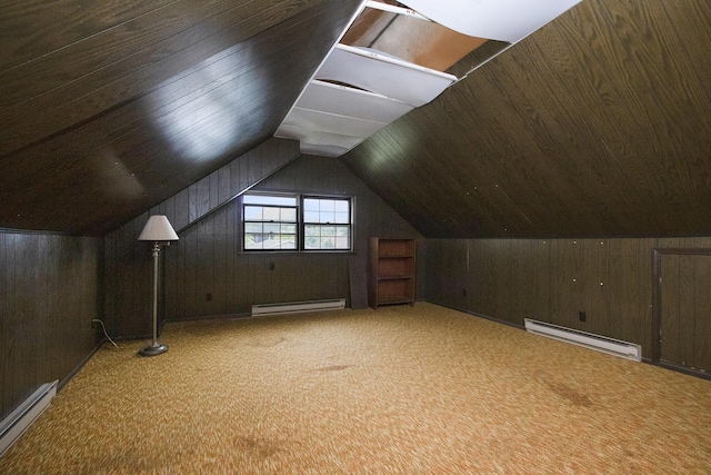 1209 Mohawk Ln, Saint Joseph, MI 49085 - additional living space featuring a baseboard heating unit, carpet flooring, baseboard heating, wooden walls, and lofted ceiling