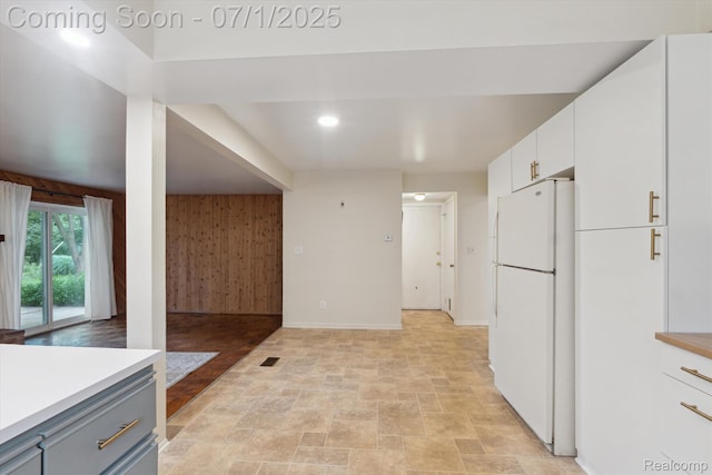 19581 Silver Spring St, Southfield, MI 48076 - kitchen with freestanding refrigerator, stone finish floors, gray cabinets, light countertops, and recessed lighting