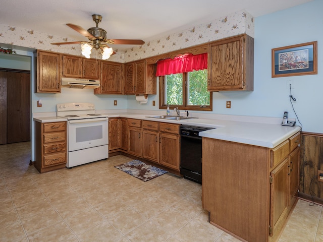 461 19th St, Otsego, MI 49078 - kitchen with white range with electric cooktop, black dishwasher, under cabinet range hood, brown cabinetry, and wallpapered walls
