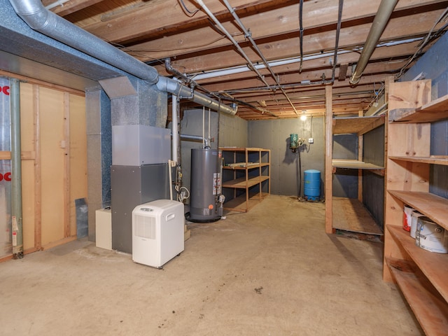 461 19th St, Otsego, MI 49078 - unfinished basement featuring water heater, a water pressure tank, and heating unit