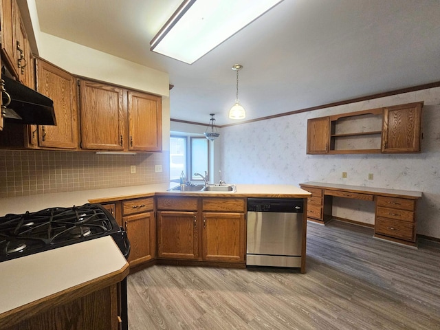 5546 Hickory Cir, Flushing, MI 48433 - kitchen featuring stainless steel dishwasher, open shelves, ornamental molding, light wood-style flooring, and brown cabinets