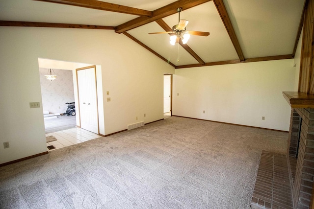 5546 Hickory Cir, Flushing, MI 48433 - unfurnished living room featuring ceiling fan, carpet, and a brick fireplace