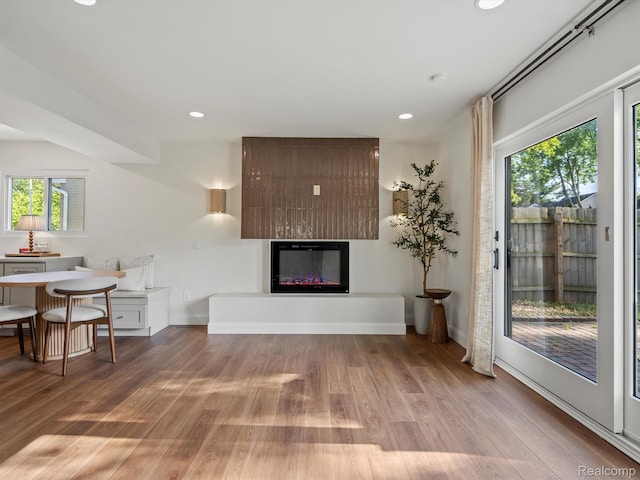 3025 Clawson Ave, Royal Oak, MI 48073 - living room with plenty of natural light, light wood-style flooring, a glass covered fireplace, and recessed lighting