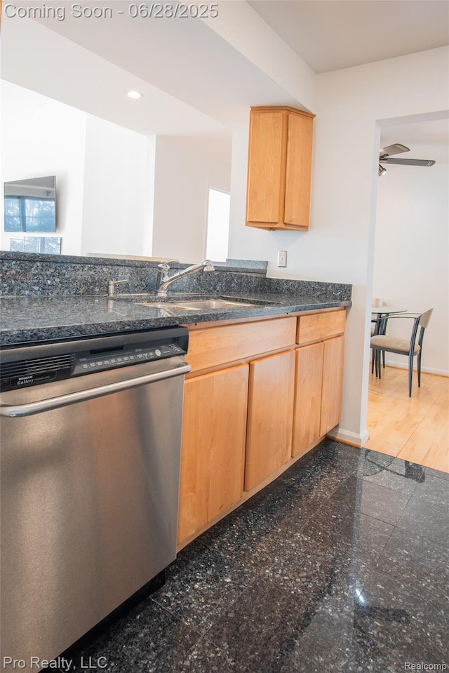 3559 Port Cove Dr Unit 25, Waterford, MI 48328 - kitchen with dishwasher, granite tiled floors, recessed lighting, and light brown cabinets