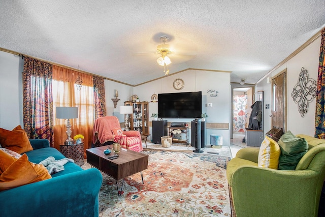 1950 S 13th, Niles, MI 49120 - living room with ornamental molding, lofted ceiling, a textured ceiling, and ceiling fan