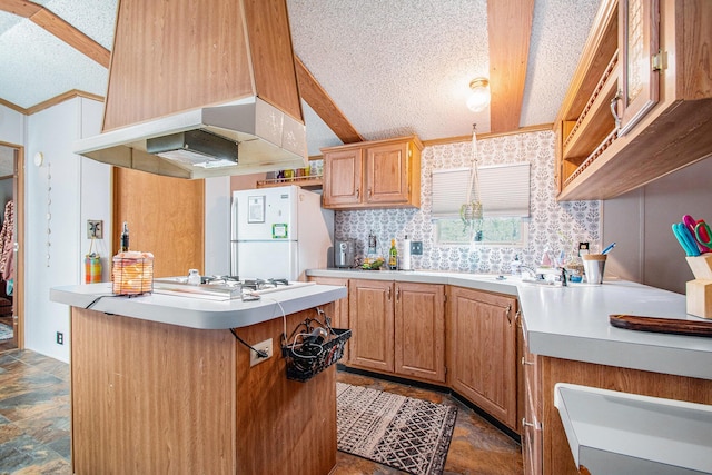 1950 S 13th, Niles, MI 49120 - kitchen with white appliances, a textured ceiling, premium range hood, light countertops, and dark stone finish floors