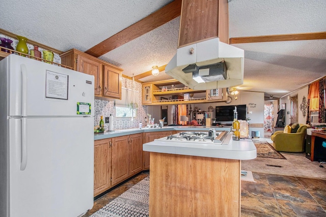 1950 S 13th, Niles, MI 49120 - kitchen featuring white appliances, a textured ceiling, light countertops, a kitchen island, and beamed ceiling