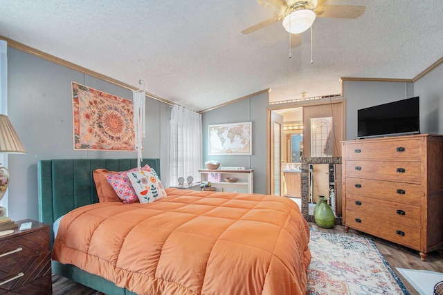 1950 S 13th, Niles, MI 49120 - bedroom with ornamental molding, a textured ceiling, lofted ceiling, wood finished floors, and a ceiling fan