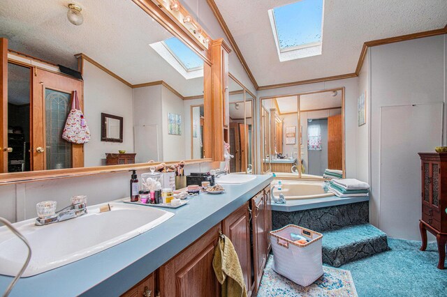 1950 S 13th, Niles, MI 49120 - bathroom featuring a skylight, crown molding, double vanity, a bath, and a textured ceiling