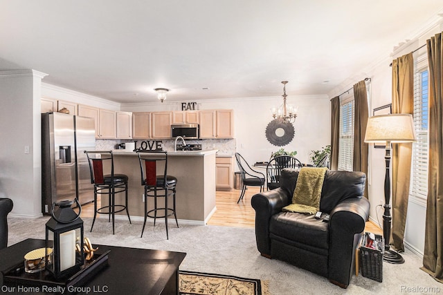 3994 Forester Blvd, Auburn Hills, MI 48326 - living area with a chandelier, light colored carpet, and ornamental molding