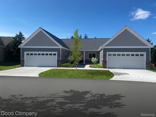 1530 Parmenter Ct Unit 18, Petoskey, MI 49770 - view of front of home with stone siding, a garage, concrete driveway, and a front lawn