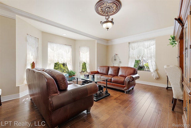 328 S Broadway St, Lake Orion, MI 48362 - living room with hardwood / wood-style floors and crown molding