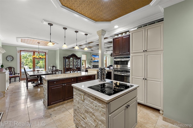 328 S Broadway St, Lake Orion, MI 48362 - kitchen featuring a kitchen island, black electric stovetop, ornamental molding, a tray ceiling, and light countertops