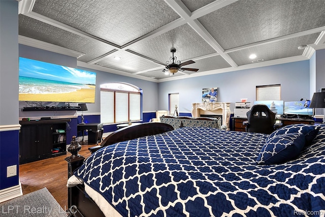 328 S Broadway St, Lake Orion, MI 48362 - bedroom featuring wood finished floors, coffered ceiling, a ceiling fan, ornamental molding, and beamed ceiling