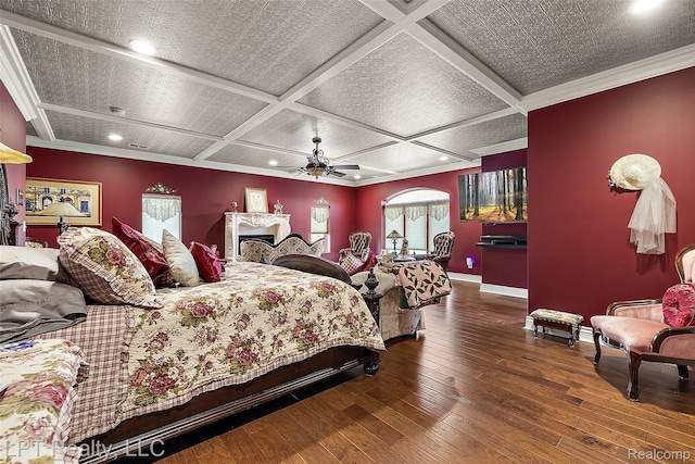 328 S Broadway St, Lake Orion, MI 48362 - bedroom featuring wood-type flooring, coffered ceiling, ceiling fan, recessed lighting, and crown molding