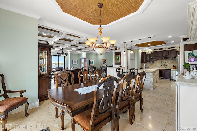 328 S Broadway St, Lake Orion, MI 48362 - dining space with a chandelier, crown molding, a raised ceiling, coffered ceiling, and recessed lighting