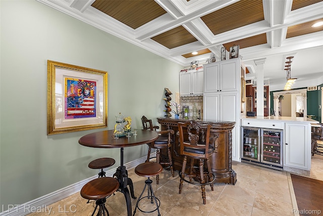 328 S Broadway St, Lake Orion, MI 48362 - indoor dry bar with beverage cooler, coffered ceiling, crown molding, beam ceiling, and tasteful backsplash