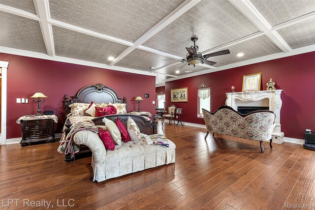 328 S Broadway St, Lake Orion, MI 48362 - bedroom featuring coffered ceiling, wood-type flooring, recessed lighting, beamed ceiling, and a ceiling fan