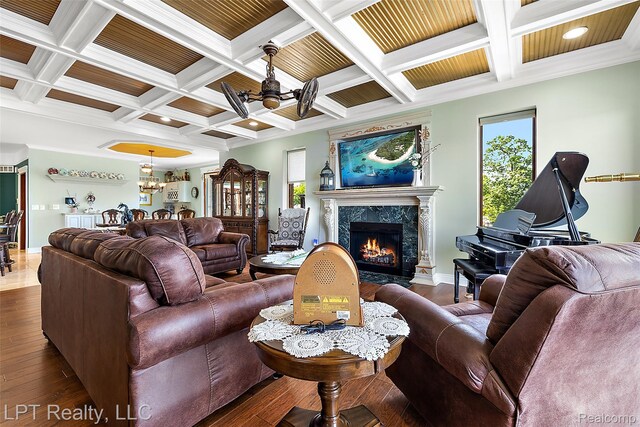 328 S Broadway St, Lake Orion, MI 48362 - living room with a chandelier, wood-type flooring, coffered ceiling, a high end fireplace, and beamed ceiling