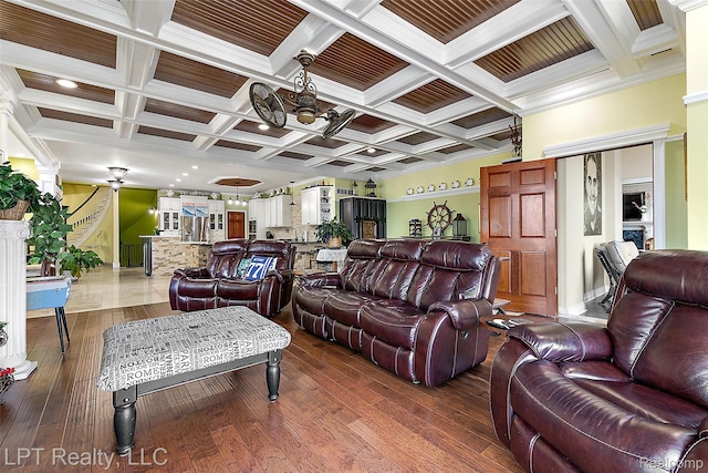 328 S Broadway St, Lake Orion, MI 48362 - living room featuring coffered ceiling, ornamental molding, wood-type flooring, beamed ceiling, and stairway