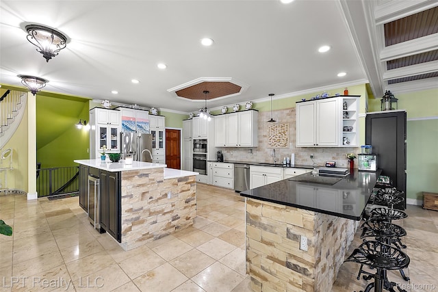 328 S Broadway St, Lake Orion, MI 48362 - kitchen featuring crown molding, open shelves, decorative backsplash, recessed lighting, and stainless steel appliances