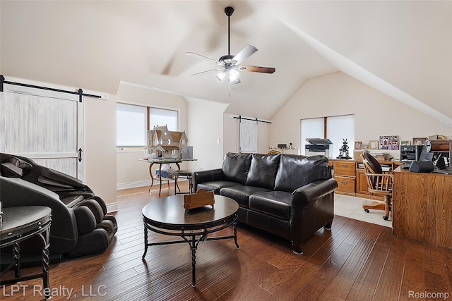 328 S Broadway St, Lake Orion, MI 48362 - living area with ceiling fan, a desk, dark wood-type flooring, a barn door, and lofted ceiling