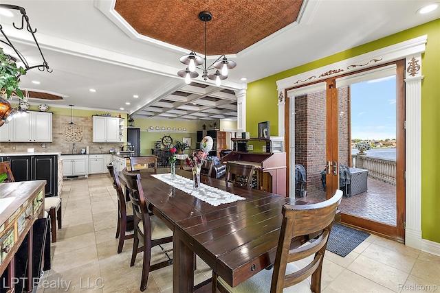 328 S Broadway St, Lake Orion, MI 48362 - dining area featuring recessed lighting, coffered ceiling, light tile patterned floors, a chandelier, and french doors
