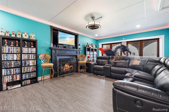 328 S Broadway St, Lake Orion, MI 48362 - cinema room featuring a lit fireplace, wood finished floors, and crown molding