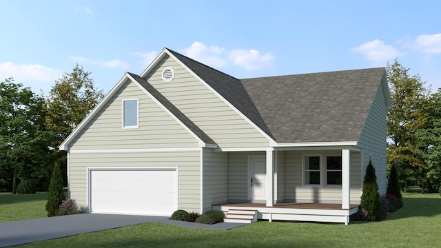 2862 Jade Ln, Traverse City, MI 49684 - view of front of house featuring a garage, a porch, a front lawn, and roof with shingles