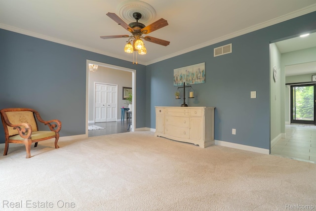 14607 Stratford, Shelby Twp, MI 48315 - sitting room with a ceiling fan, carpet flooring, and crown molding